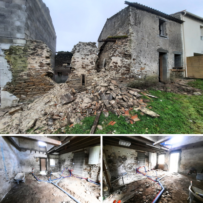 Maison en pierre en cours de travaux  aux Sorinieres 44 et mise en oeuvre des reseaux eau et evacuations