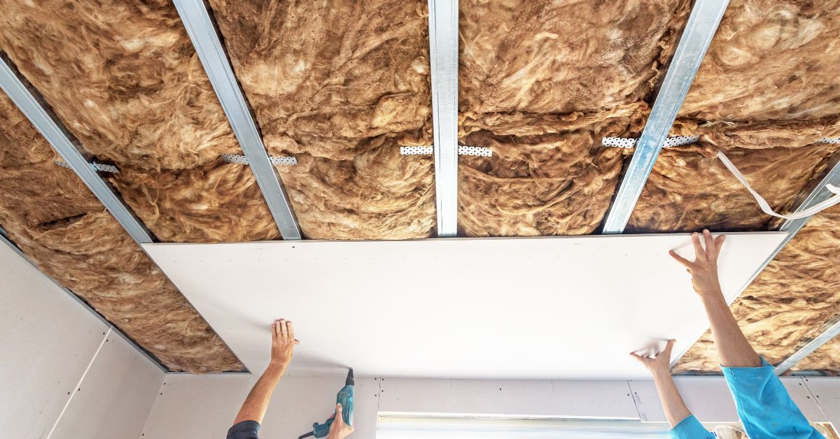 Réalisation d'un plafond suspendu à Geneston (44) pose isolation et placoplâtre. 