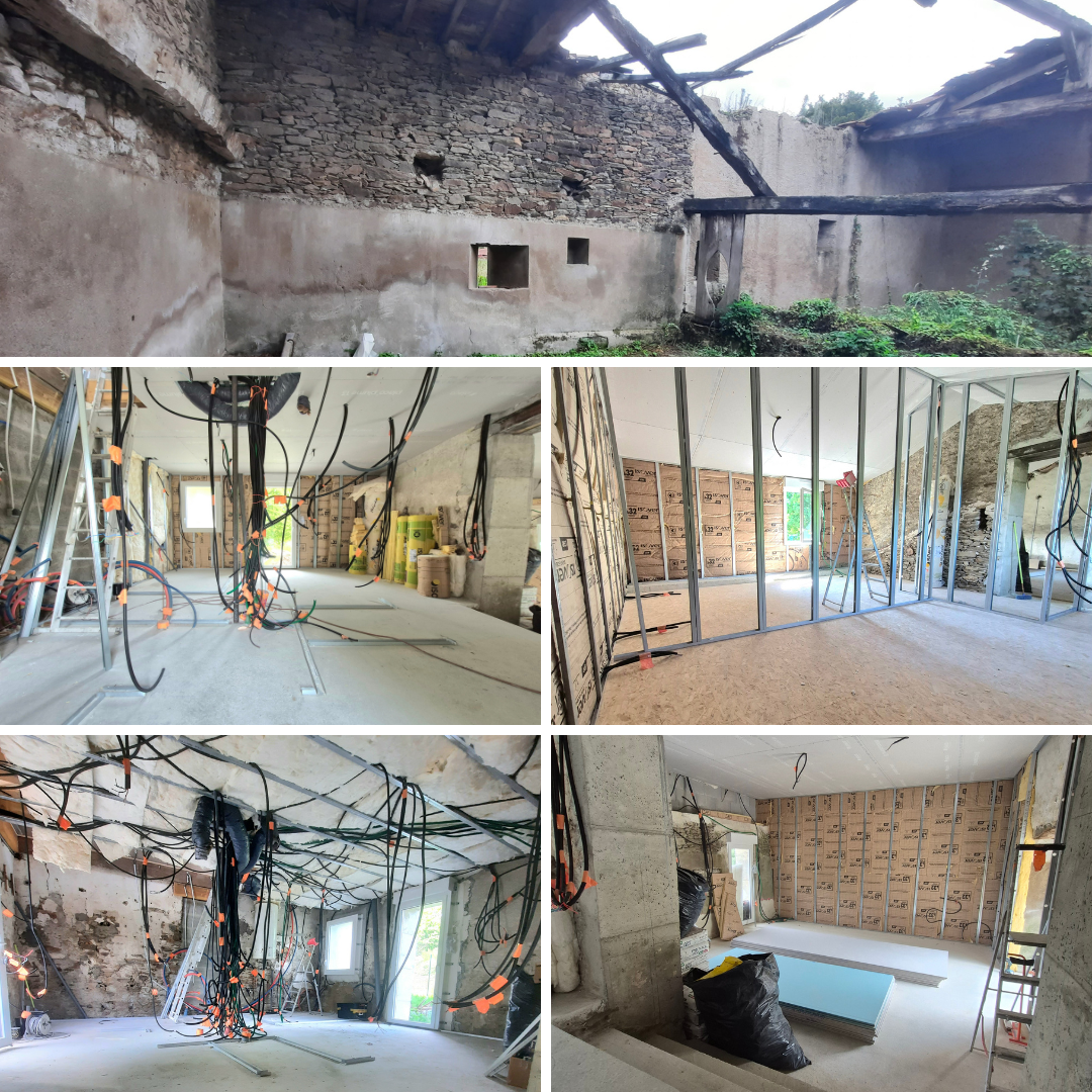 Photo avancé des travaux d'une ancienne grange, isolation placo électricité, réhabilitation complète d'une grange aux Sorinières 44840