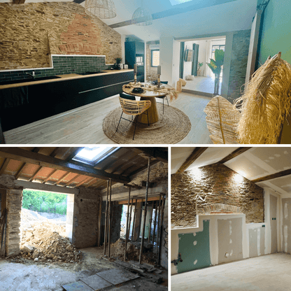 Avant / après d'une cuisine rénové dans une ancienne grange aux Sorinières après réhabilitation complète