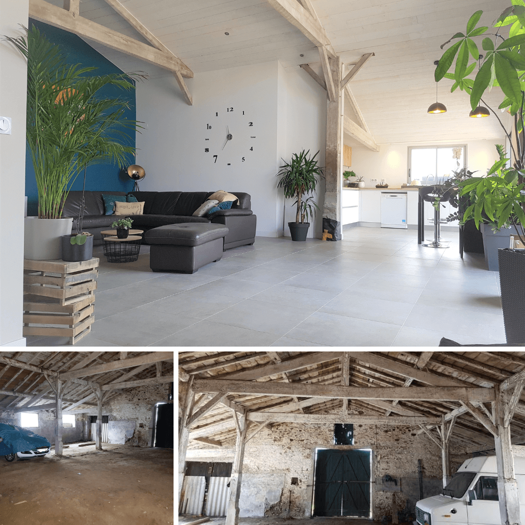 Photos avant / après, transformation d'une grange en habitation à Saint Philbert de Grand Lieu (44)