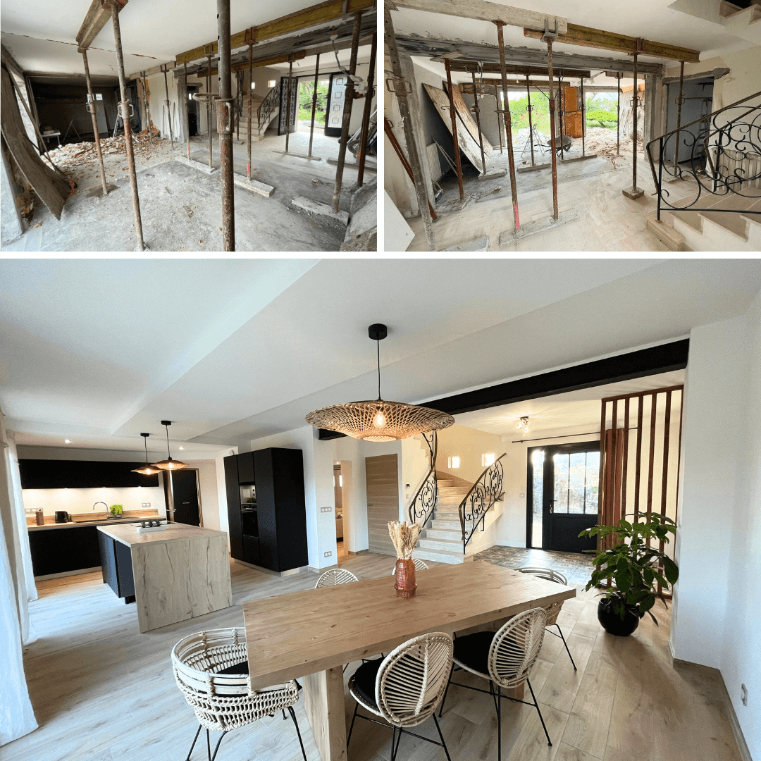 Salle à manger rénovée dans une maison nantaise avec réagencement complet des volumes à St Sébastien sur Loire