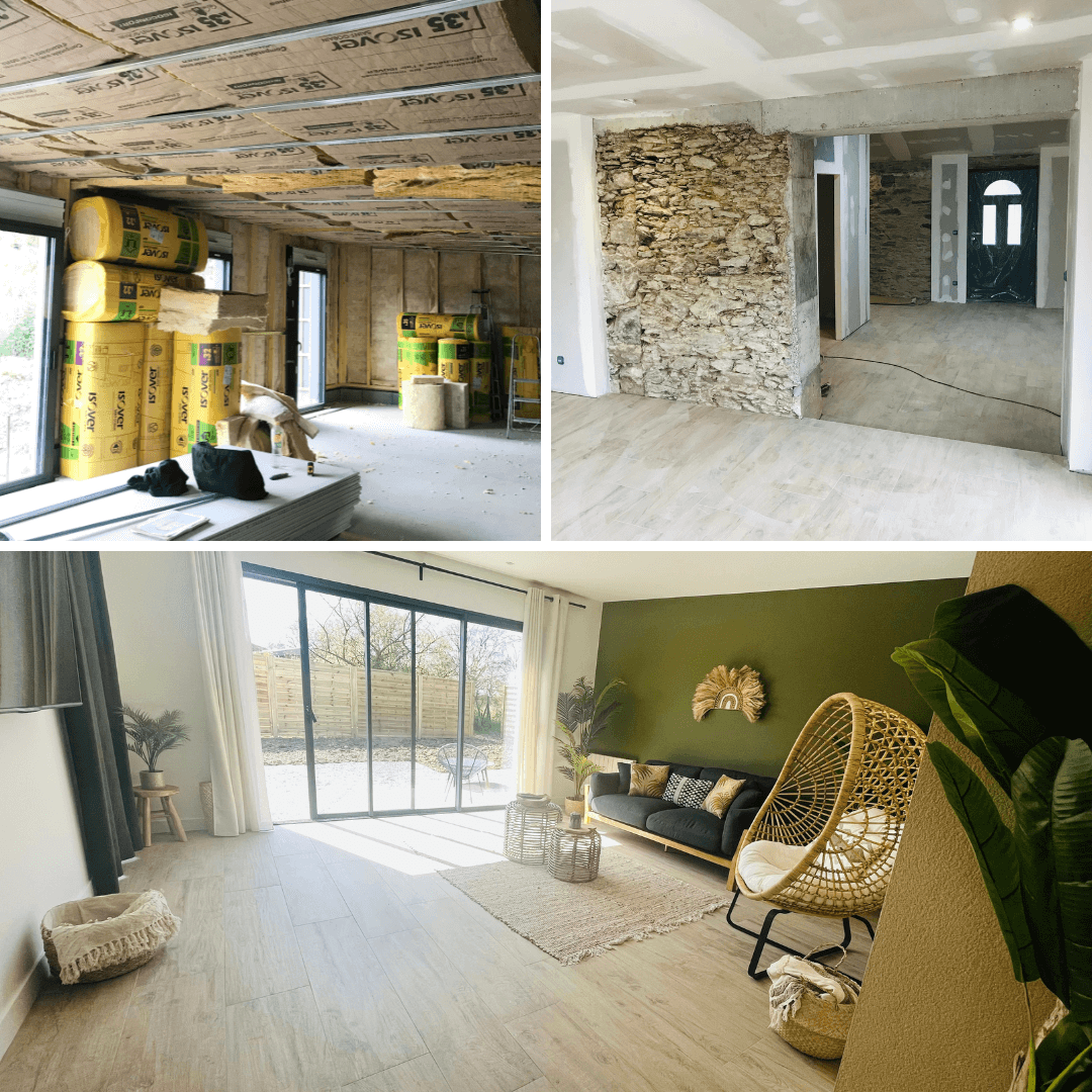 Photo avant / après, rénovation intérieur d'une extension en ossature bois aux Sorinières (44)